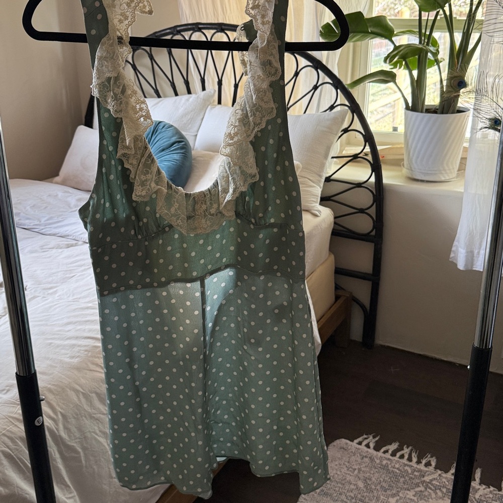 Kimchi Blue Green Polka Dot Romper with Lace Trim